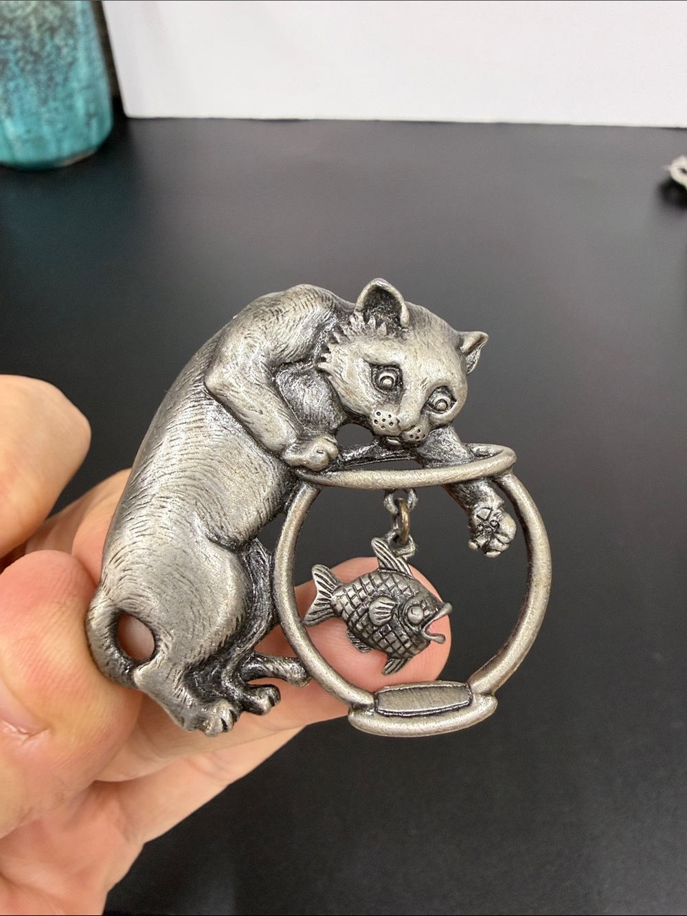 Cat & Fish Silver-Tone Brooch - Playful Cat Design